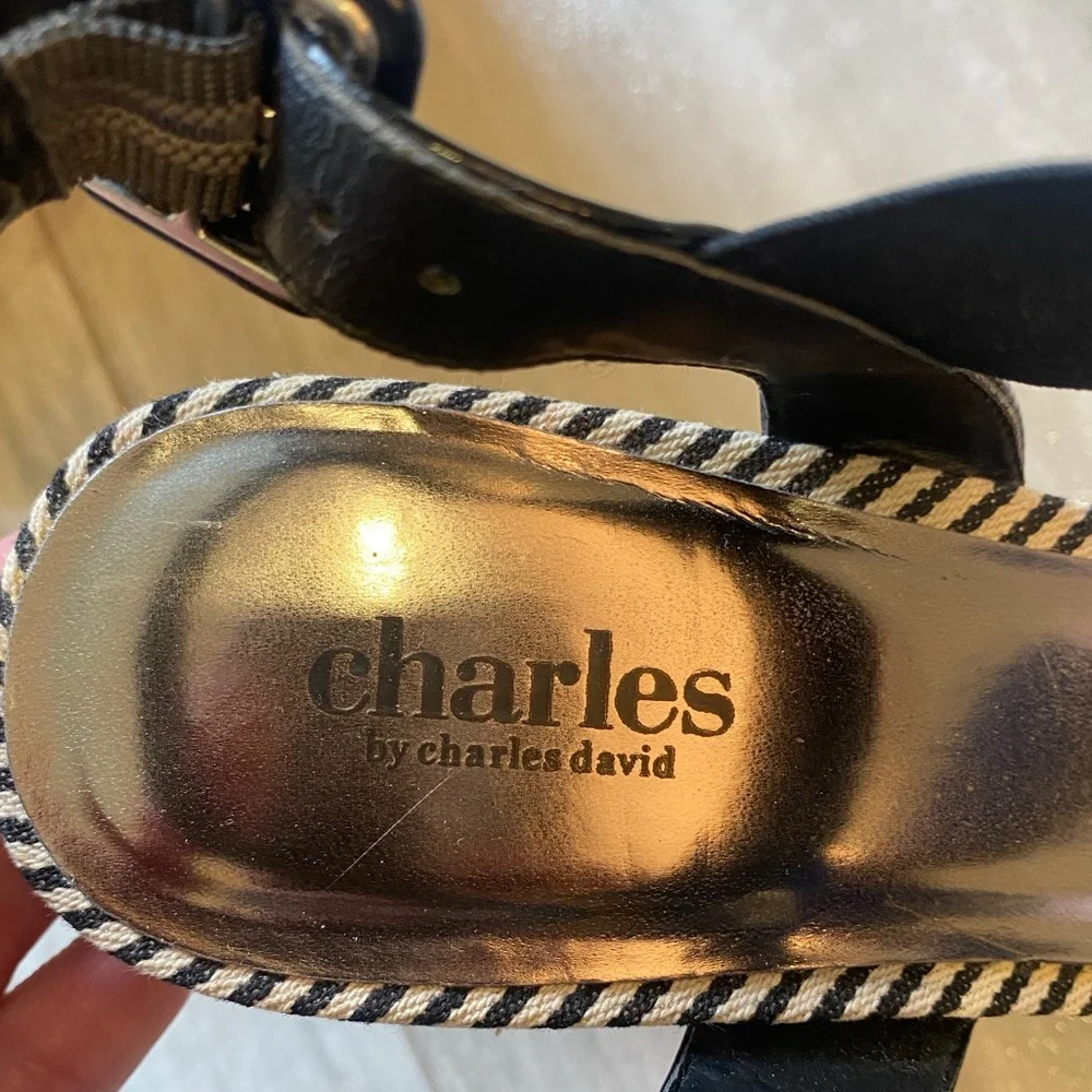 Charles by Charles David Straw Woven Wedges with Black Straps, women’s 10